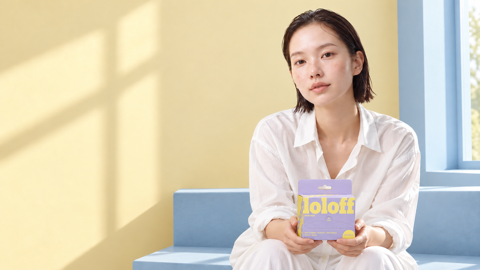 노란 벽과 블루 벤치가 있는 햇살 가득한 공간의 모델
